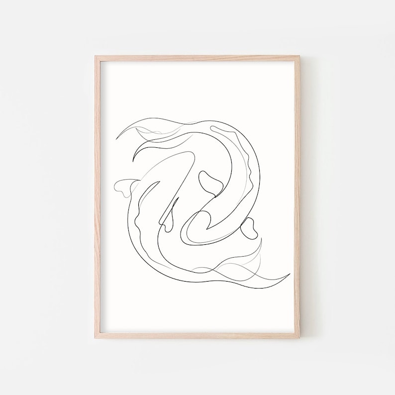 May include: A black and white line drawing of two fish swimming in a circle. The drawing is simple and elegant, and would look great in a modern home.