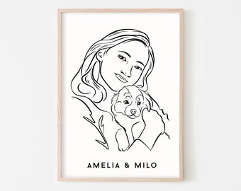 Custom Dog Mom Portrait, Pet Photo to Line Art, Dog Lovers, Pet Art Commission, Pet Outline Portrait, Digital Dog Portraits