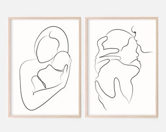 Abstrakt familjekonsttryck, set med 2 posters, en linjeteckning, familjeteckning, familjetryck, pappa mamma och barn-poster, minimalistisk konst