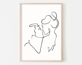 Coppia astratta linea stampa artistica, opere d'arte di bacio, minimalista, arte della parete di amore, coppia linea disegno, arte di una linea, poster a linea singola