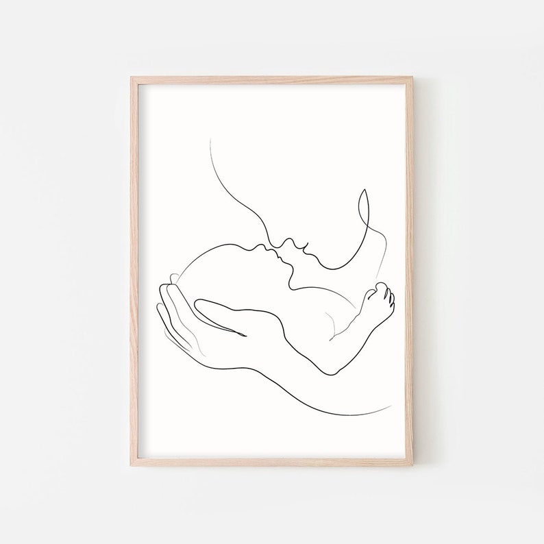 May include: A single-line drawing of a parent holding a baby in their arms. The parent is kissing the baby's forehead.