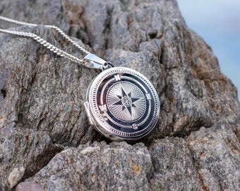 Sterling Silver Men's Compass Locket Necklace, Engraved Photo Pendant | Free US Shipping and Duties Paid