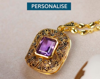 Amethyst Locket Necklace: 18 Carat Gold Vermeil, Vintage Style Locket, Personalised