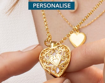 18 Carat Gold Vermeil Heart Locket Necklace, Personalised Photo Necklace, Filigree Heart Pendant with Silver Key Charm, Heart Necklace