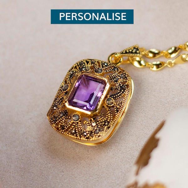 Genuine Amethyst Locket Necklace, 18 Carat Gold Vermeil Amethyst Necklace, Real Purple Amethyst Necklace, Large Gold Locket Necklace