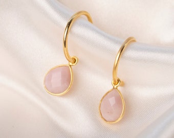Pink Opal Hoop Earrings: 18 Carat Gold Vermeil, October Birthstone