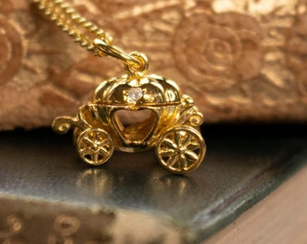 Gold Pumpkin Carriage Necklace, 18 Carat Gold Vermeil Dainty Pendant Necklace, Fairy-Tale Inspired Necklace