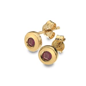 May include: A pair of gold stud earrings with small round red gemstones.