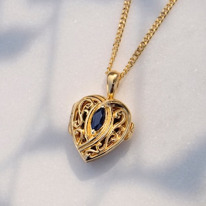 Genuine Sapphire Heart Locket, 18 Carat Gold Vermeil Sapphire Necklace, September Birthstone Necklace, Personalised Gold Photo Locket
