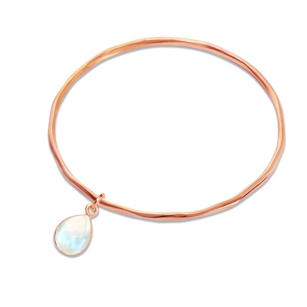 Genuine Moonstone Bangle Bracelet, June Birthstone Bangle, 18 Carat Rose Gold Vermeil Bangle with Moonstone Gemstone, June Birthday Gift