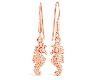 18 Carat Rose Gold Vermeil Seahorse Earrings, Small Seahorse Drop Earrings, 18 Carat Rose Gold Vermeil Dangly Earrings, Summer Earrings