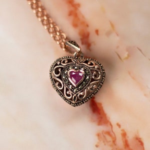 Ruby Locket Necklace: Rose Gold Vermeil, Vintage Style, July Birthstone, Personalise | Free US Shipping and Duties Paid
