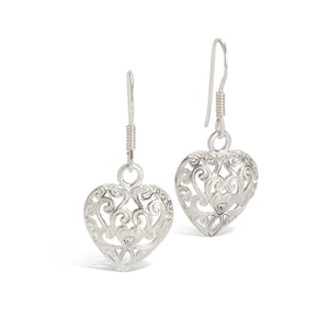 Sterling Silver Heart Drop Earrings, Silver Dangly Earrings, Silver Heart Drop Earrings, Sterling Silver Filigree Earrings