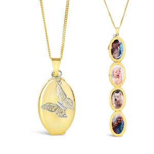 gold oval Photo Necklace with silver butterfly charm, white background