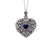 Genuine Sapphire Heart Necklace, Sterling Silver Sapphire Locket Necklace, Vintage Style Sapphire Necklace, Real Sapphire Necklace