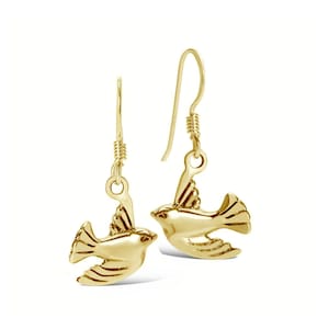 18 Carat Gold Vermeil Love Bird Earrings, Gold Bird Earrings, Gold Dangly Bird Earrings, Unique Gold Earrings, Bird Jewellery