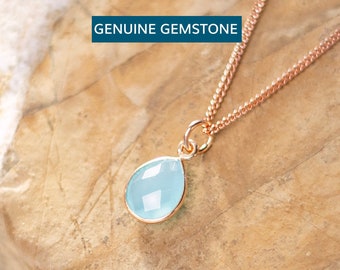 Genuine Aqua Chalcedony Gemstone Necklace, March Birthstone Pendant Necklace Crafted in 18 Carat Rose Gold Vermeil, Gift Idea for Her