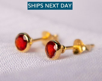 Genuine Garnet Stud Earrings, January Birthstone Earrings, 18 Carat Gold Vermeil Small Garnet Studs, Garnet Jewellery