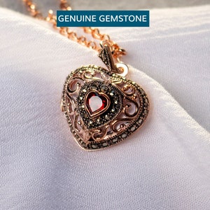 Genuine Garnet Birthstone Necklace, Vintage Style Heart Necklace, 18 Carat Rose Gold Vermeil Locket Necklace, Personalised Photo Necklace
