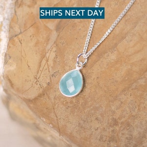 Aqua Chalcedony Sterling Silver Teardrop Pendant - March Birthstone Necklace