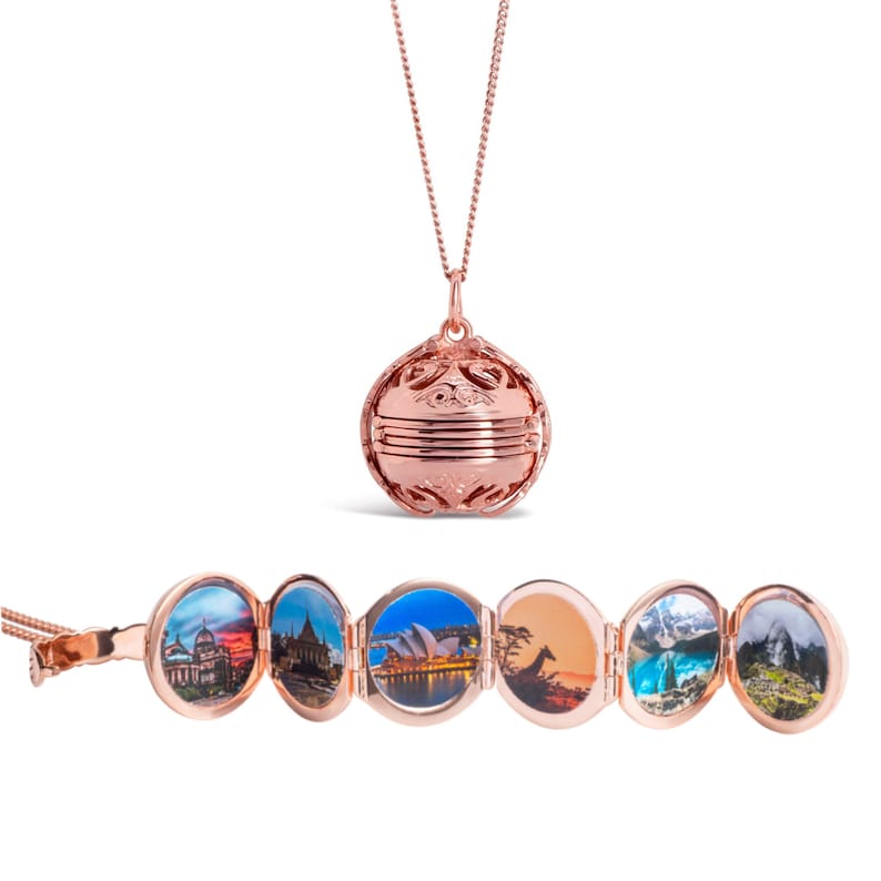 Rose Gold Locket Necklace, open with 6 photos, white background