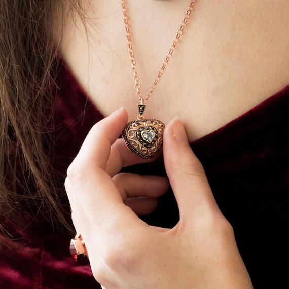 Blue Topaz Heart Locket Necklace: Rose Gold Vermeil Photo Locket