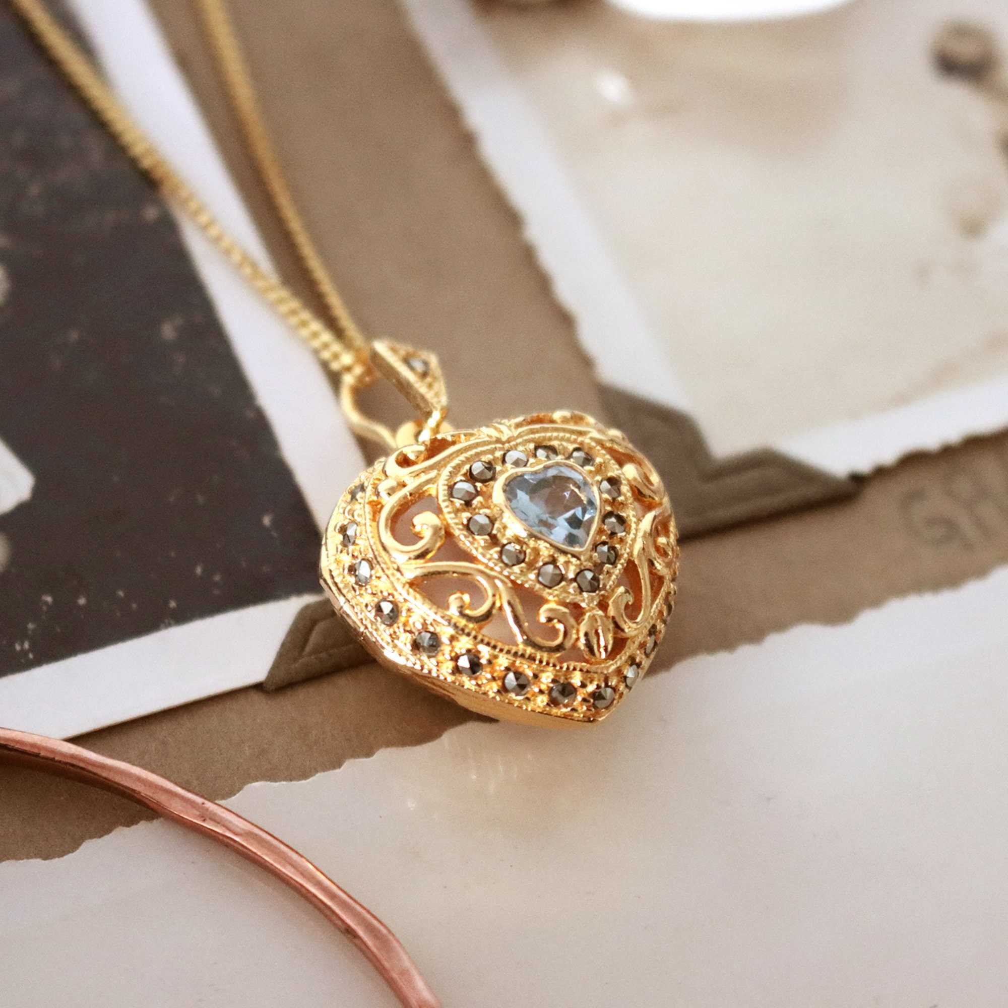 Blue Topaz Vintage Heart Locket 
