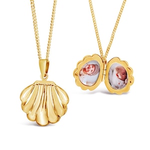 Gepersonaliseerde 18-karaats gouden vermeil-fotomedaillonketting met schelp