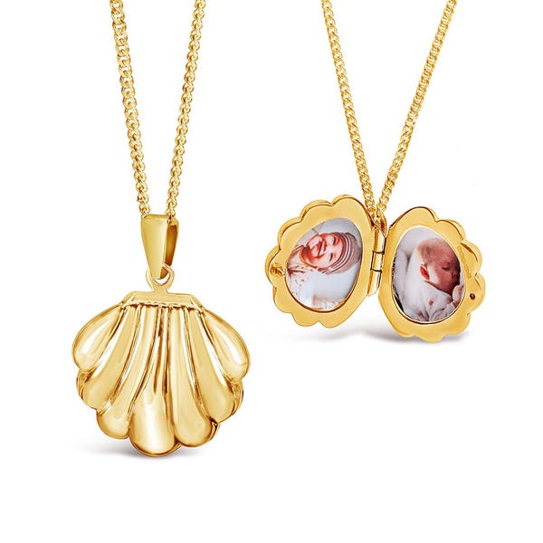 Gepersonaliseerde 18-karaats gouden vermeil-fotomedaillonketting met schelp