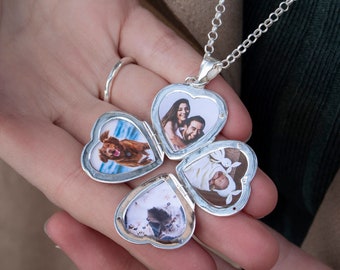 Sterling Silver Four Photo Heart Locket Necklace: Engraved Keepsake Gift