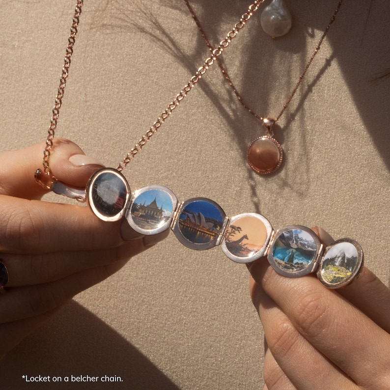 woman wearing Rose Gold Locket Necklace, open with 6 photos
