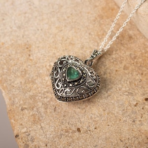 Sterling Silver Emerald Heart Locket Necklace: May Birthstone
