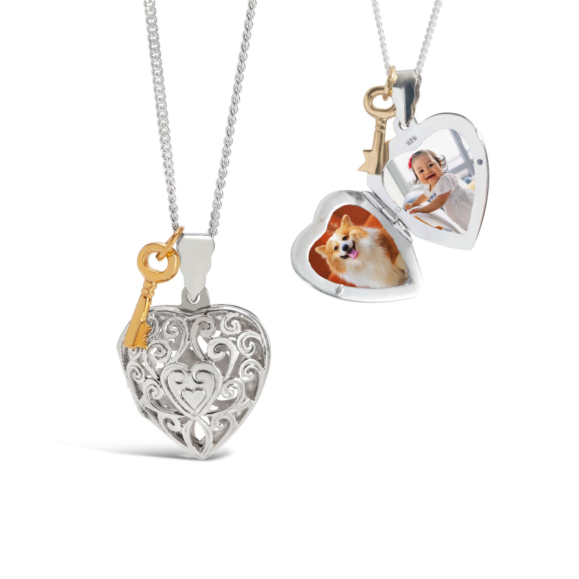 18K White Gold Filled Filigree Crystal Heart Locket Charm Pendant Necklace