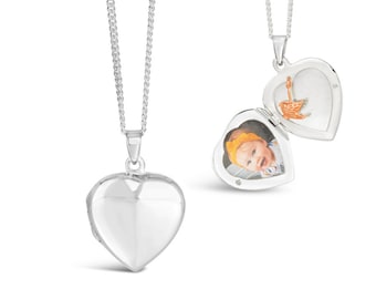 Silver Heart Photo Locket Necklace, Silver Engravable Heart Necklace with Rose Gold Vermeil Bird Charm, Sterling Silver Picture Necklace