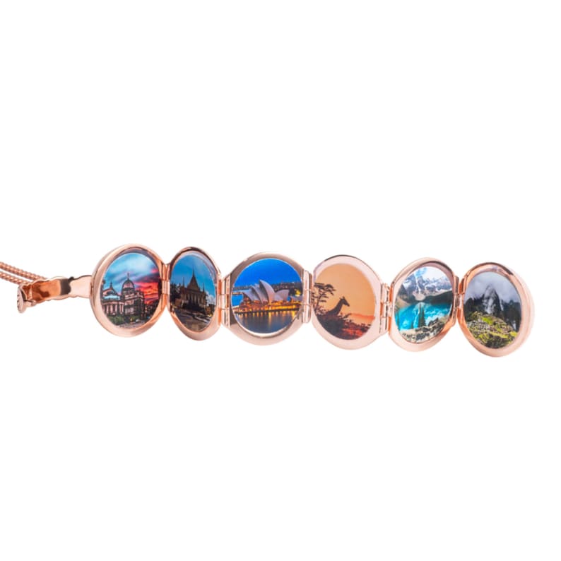 Rose Gold Locket Necklace, open with 6 photos, white background
