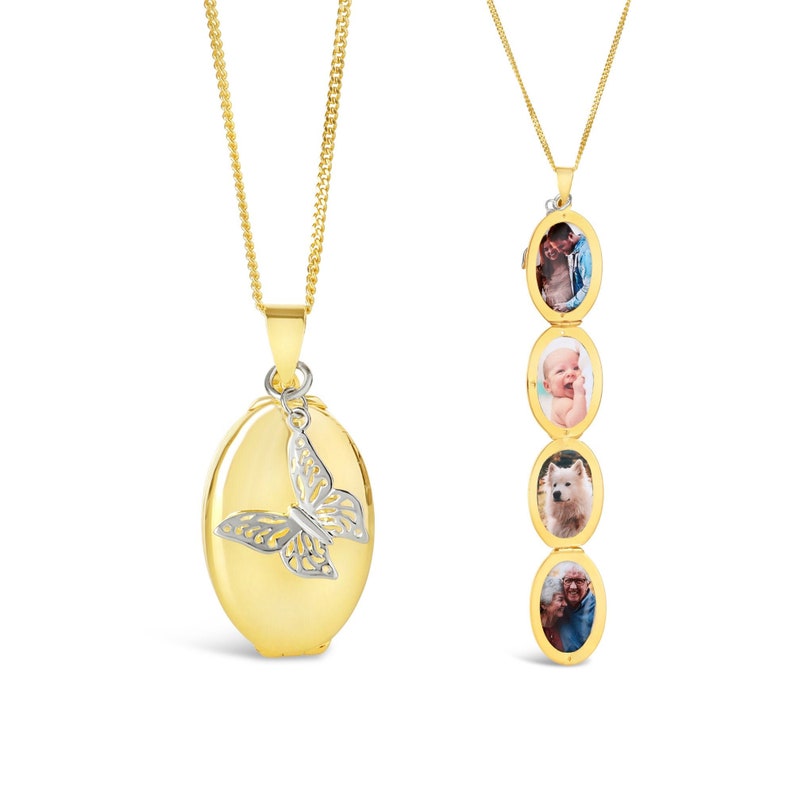 gold oval Photo Necklace with silver butterfly charm, white background