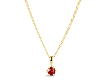 May include: A gold chain necklace with a red gemstone pendant.