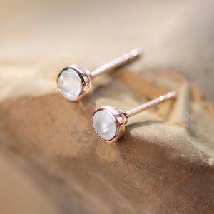Genuine Aqua Chalcedony Stud Earrings, March Birthstone Earrings, 18 Carat Rose Gold Vermeil Small Studs, Aqua Chalcedony Earrings