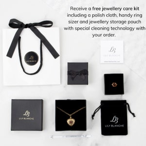 gift bag, gift box, ring box, velvet pouch, polish cloth, ring sizer, displaying gold heart locket with birthstone and birthstone ring