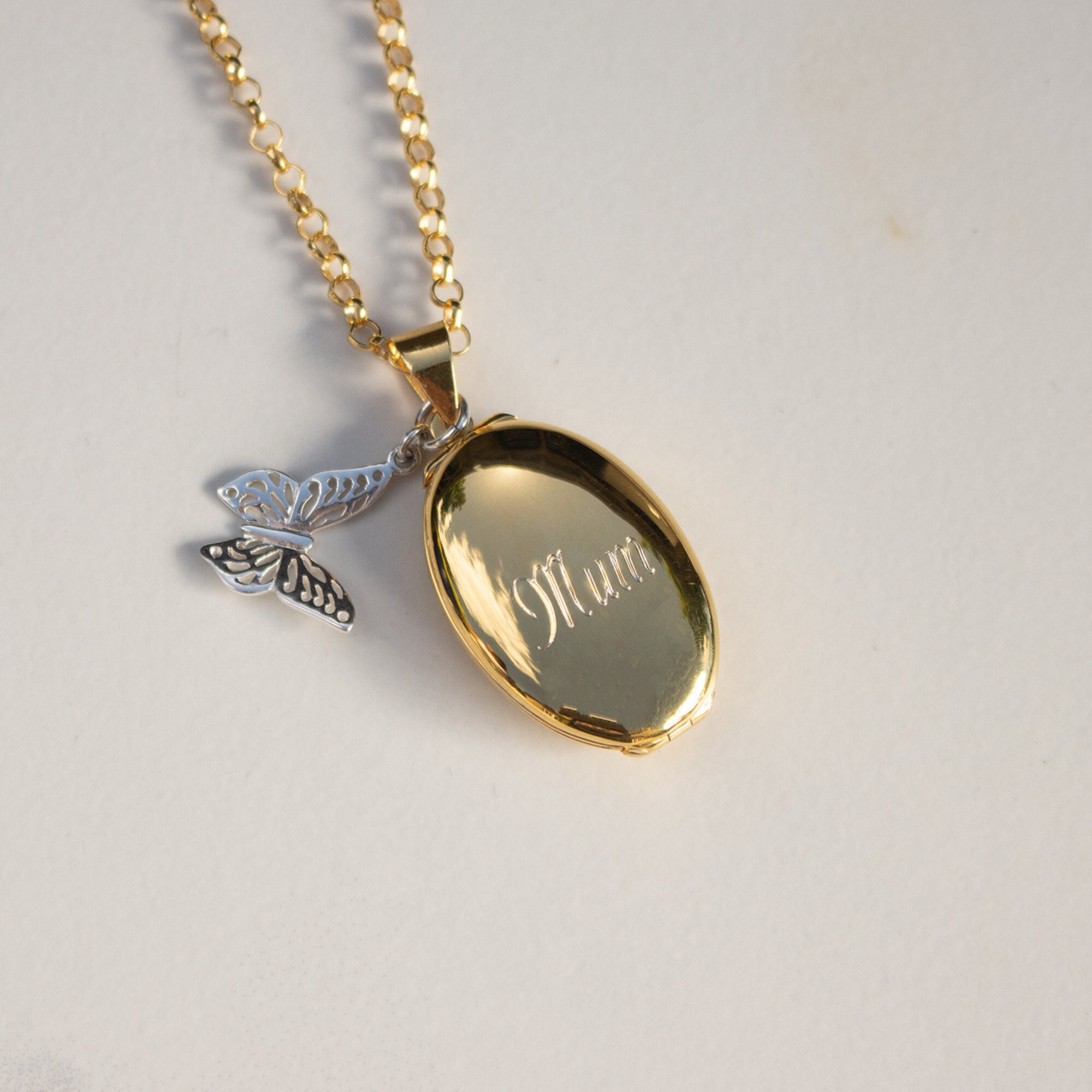 Personalised Photo Necklace, 18 Carat Gold Vermeil Locket, Engravable Locket, Personalised Oval Butterfly Locket