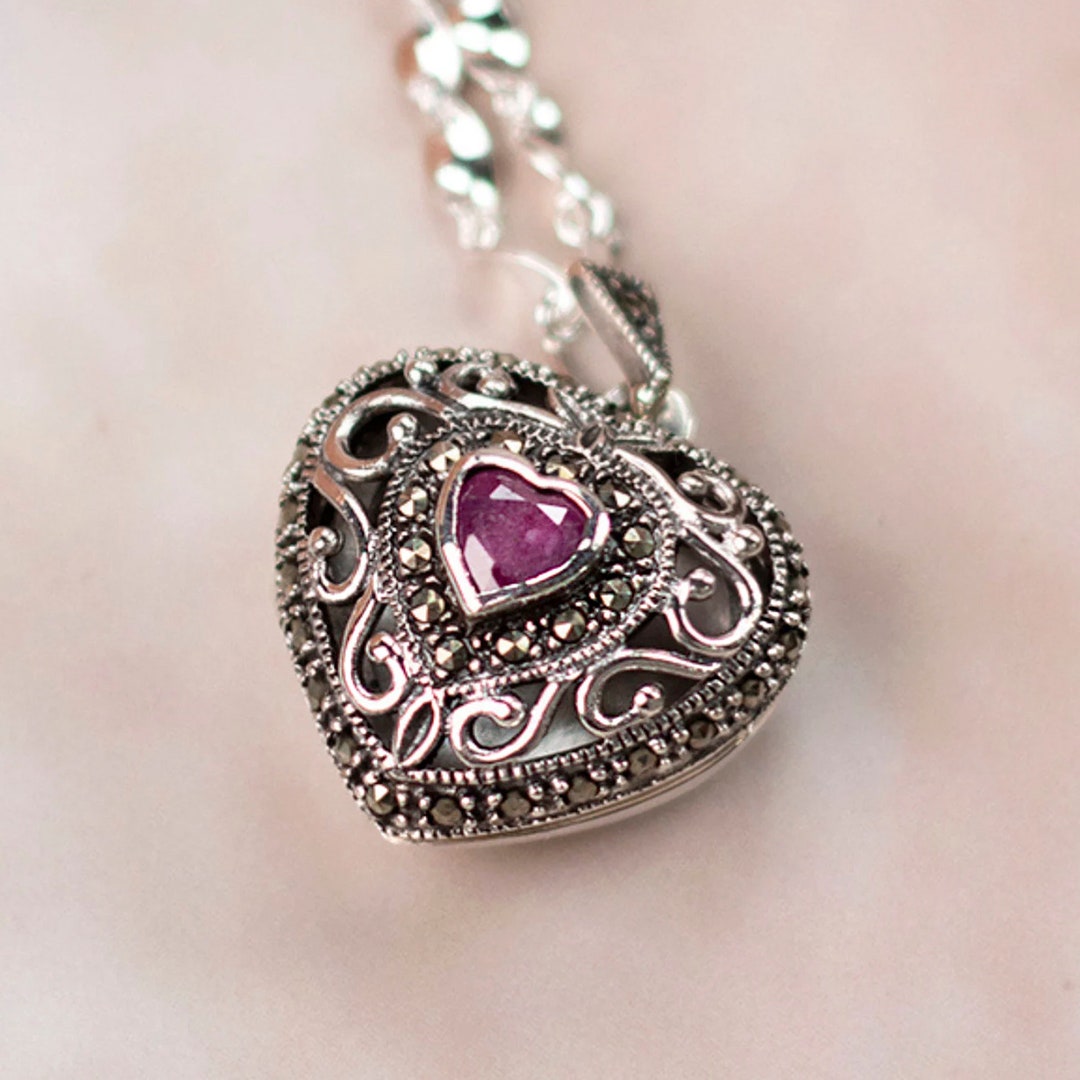 Ruby Heart Locket Vintage Ruby Heart Locket Necklace: 18K White Gold Vermeil, July ...