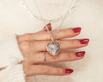 Personalisierte Sterling Silber Herz Locket Halskette: Gravur Filigrane Foto Anhänger