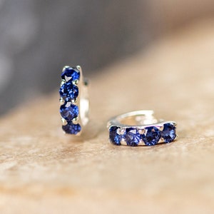 Blue Gemstone Silver Huggie Hoop Earrings, Sterling Silver Blue Huggie Earrings, Tiny Silver Hoop Earrings