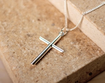 Sterling Silver Men's Cross Necklace: Plain Solid Silver Pendant