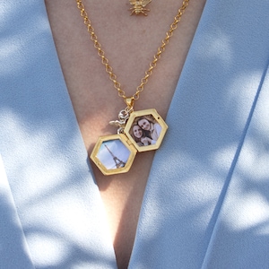 Gold Personalised Photo Locket Necklace, 18 Carat Gold Vermeil Hexagon Locket, Engravable Necklace, Meaningful Gift Idea