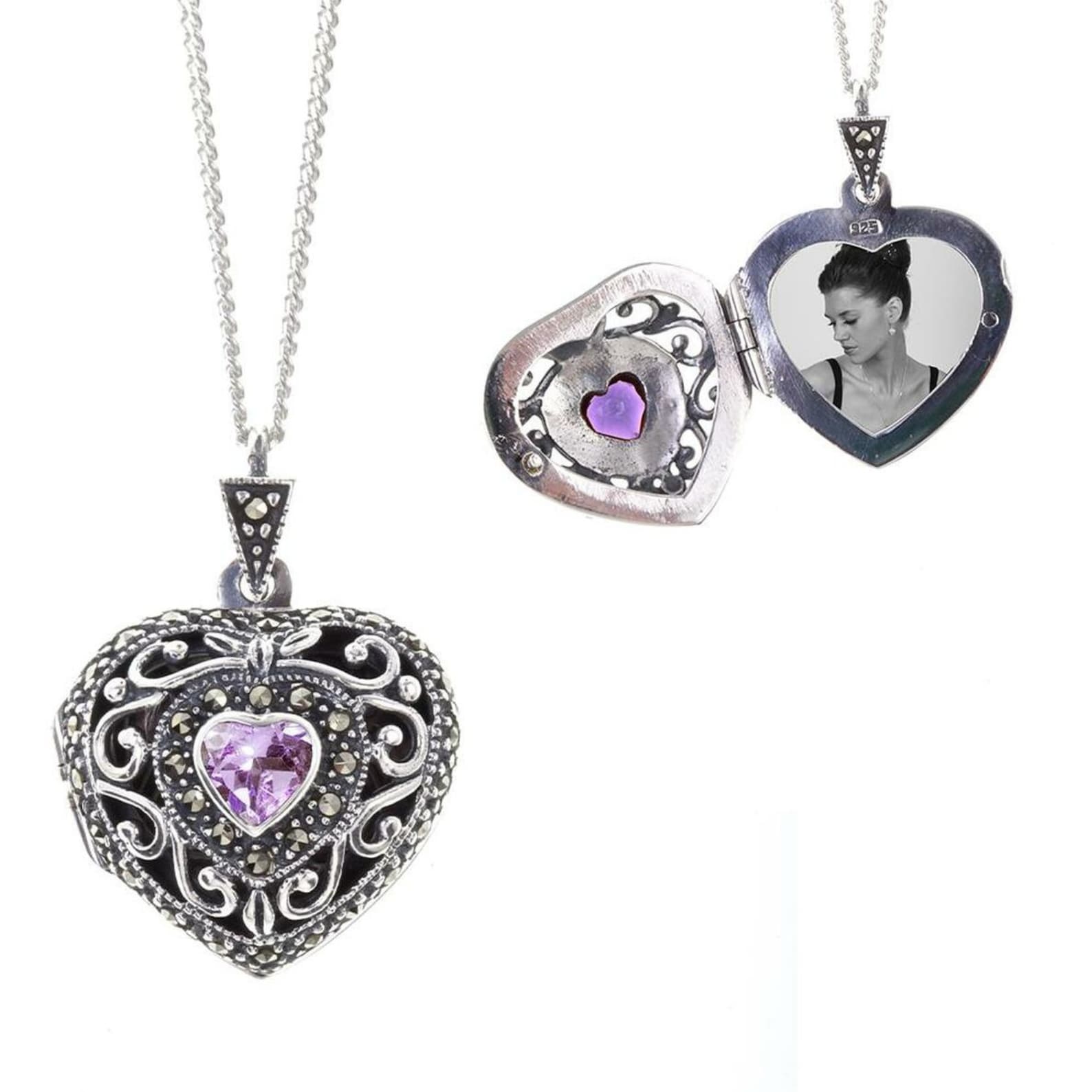 Sterling silver amethyst heart locket shown open with a photo inside and gemstone detail visible.