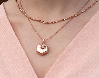 Personalised Bee Locket Necklace: 18 Carat Rose Gold Vermeil, Engravable | Free US Shipping and Duties Paid