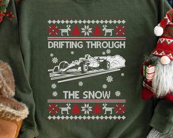 Racing Christmas Sweatshirt, Drifting Through The Snow Open Wheel Car, Motorsport Ugly Sweater