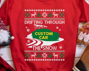 Custom Drift Car Crewneck Sweatshirt, Drifting Through the Snow Ugly Christmas Sweater for Car Enthusiasts