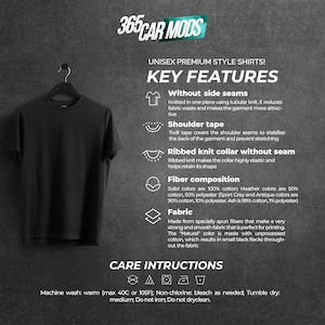 May include: Unisex premium style t-shirt with key features highlighted: without side seams, shoulder tape, ribbed knit collar without seam, fiber composition, and fabric details. Machine wash warm (max 40C or 105F), non-chlorine bleach as needed, tumble dry medium, do not iron, do not dry clean.